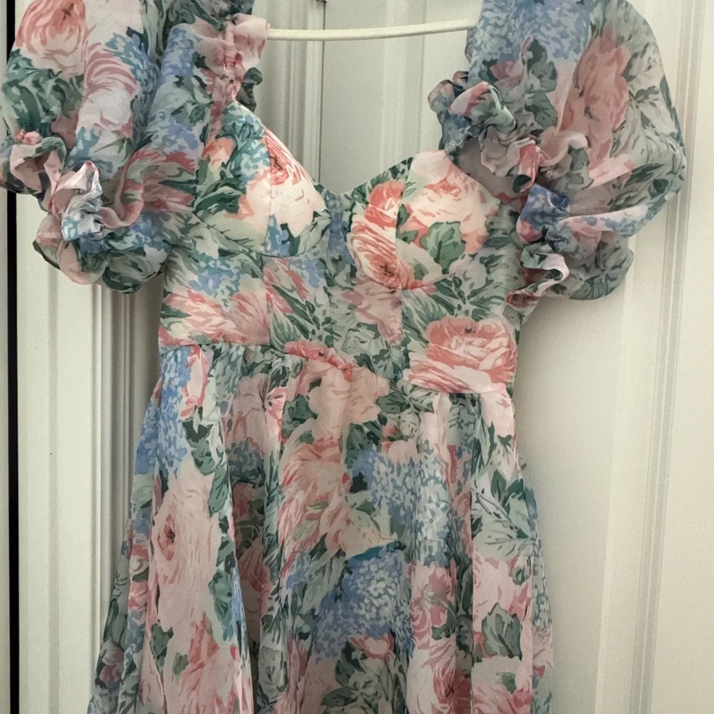 Pink and Blue puff sleeve floral floor length dress - Picture 2 of 5